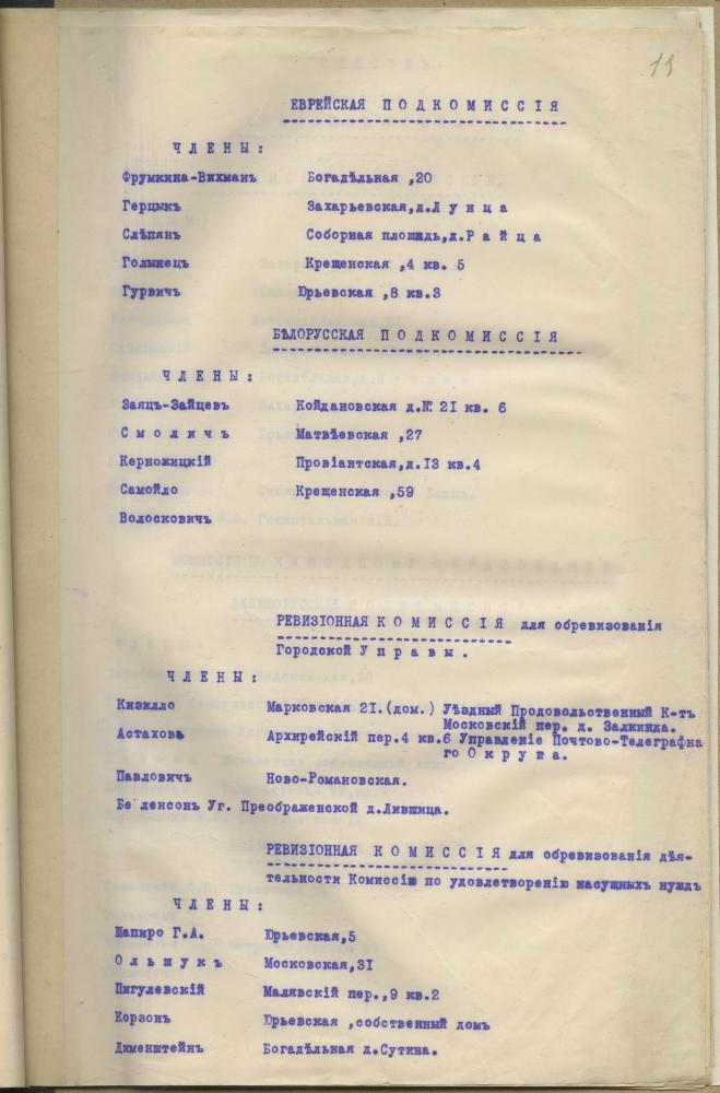 Склад розных камісій Мінскай гарадской думы, у тым ліку і беларускіх падкамісій