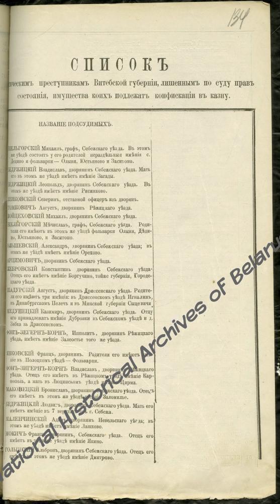Список политических преступников Витебской губернии, имущество которых подлежит конфискации, где под № 30 указан Иван Черский, дворянин Дриссенского уезда